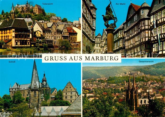 Marburg Lahn Teilansicht mit Schloss Markt Brunnen Stadtpanorama mit Domkirche