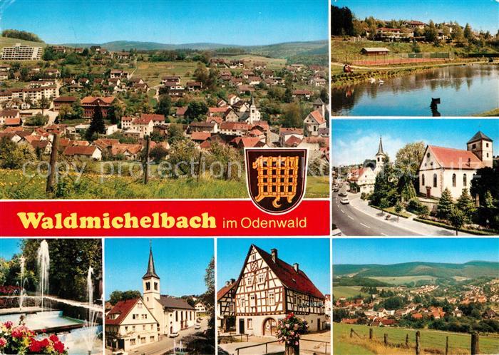 Waldmichelbach Panorama Teilansichten Kirche Fachwerkhaus Partie am Fluss