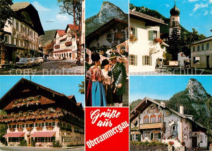 Oberammergau Teilansichten Passionsspieldorf Trachten Blumenschmuck Kirchturm