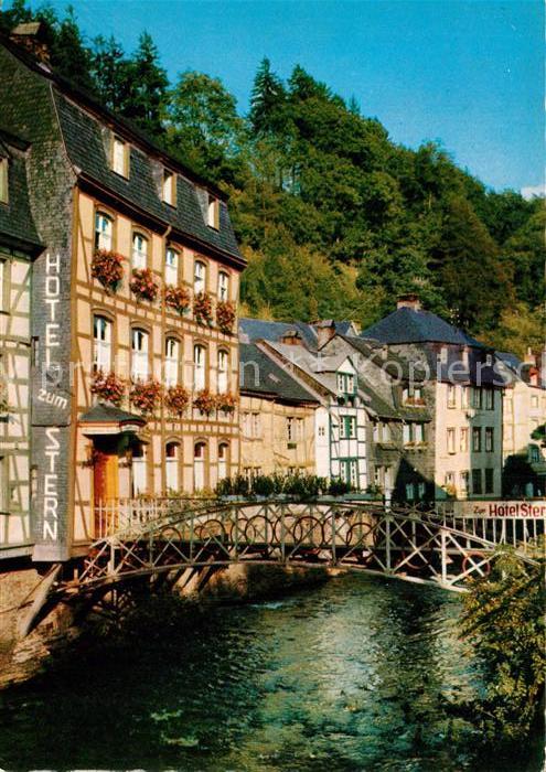 Monschau Partie an der Rur Bruecke zum Hotel Stern