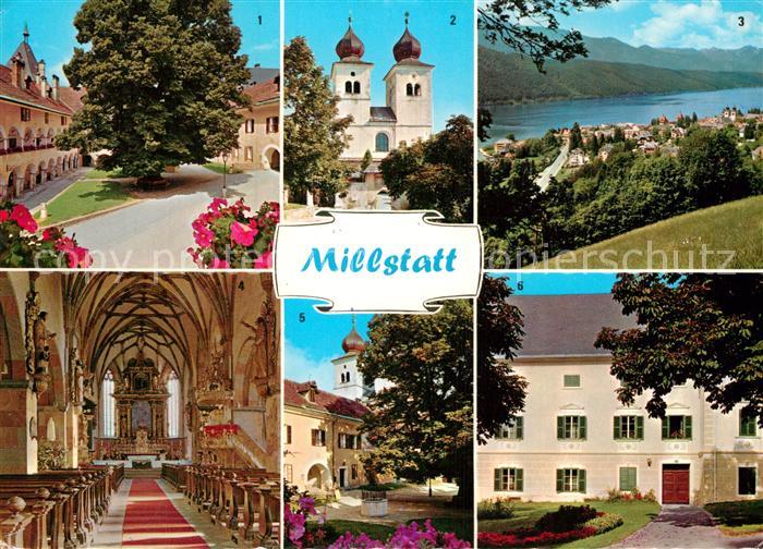 Millstatt Millstaettersee Stiftskirche Stiftshof Brunnen Pfarrhof Alpenpanorama