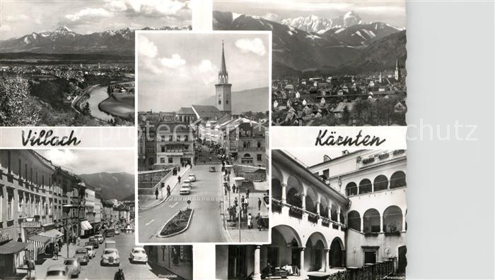 Villach Kaernten Strassenpartie Ortsmotiv mit Kirche Innenhof Alpenpanorama