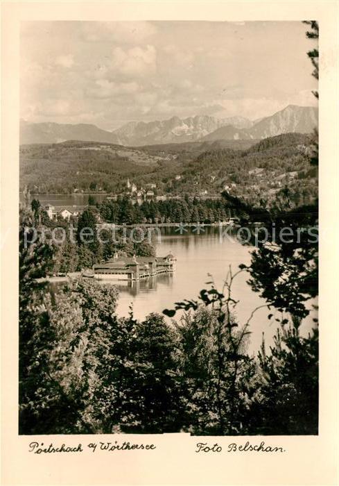 Poertschach Woerthersee Blick ueber den See zu den Alpen