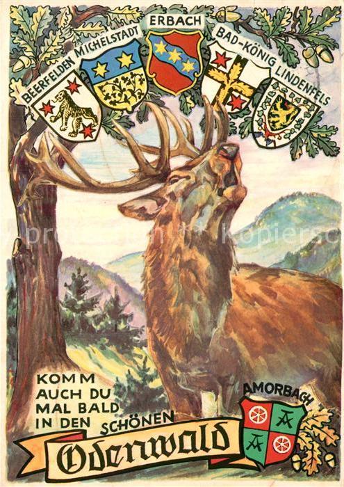 Odenwald Illustration mit Wappen Beerfelden Michelstadt Erbach Bad Koenig Linden