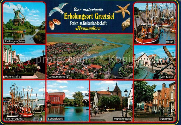 Greetsiel Zwillingsmuehlen Hafen Hafenstrasse Fliegeraufnahme Markt Kutterregatt