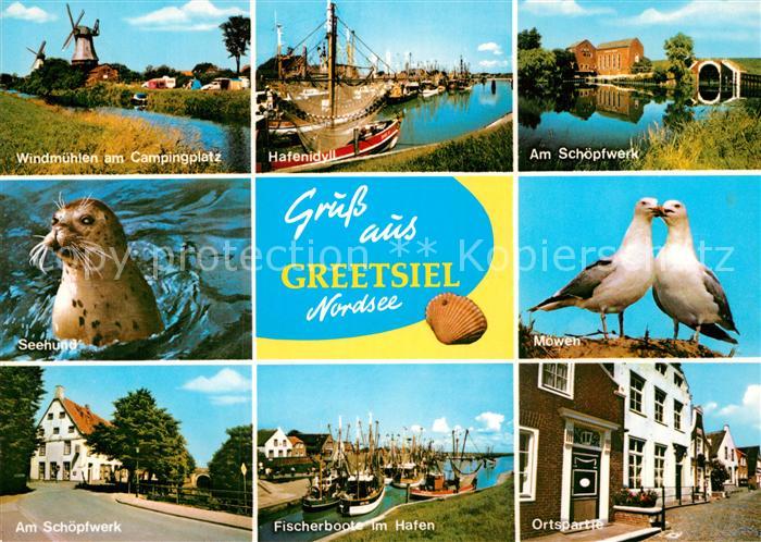 Greetsiel Winmuehlen Hafen Schoepfwerk Seehund Moewen Fischerboote Ortsmotiv