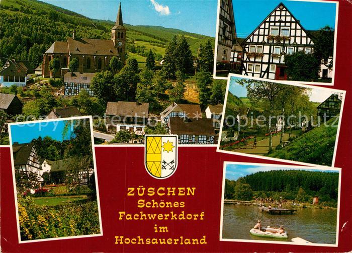 Zueschen Sauerland Kirche Fachwerkhaeuser Badesee