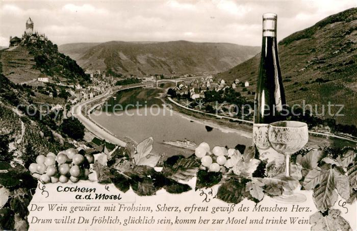 Cochem Mosel Panorama Moseltal Reichsburg Trinkspruch Weinflasche Weinglas Weinr
