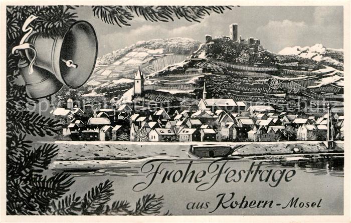 Kobern-Gondorf Blick ueber die Mosel Burg Glocken Weihnachtskarte Kuenstlerkarte
