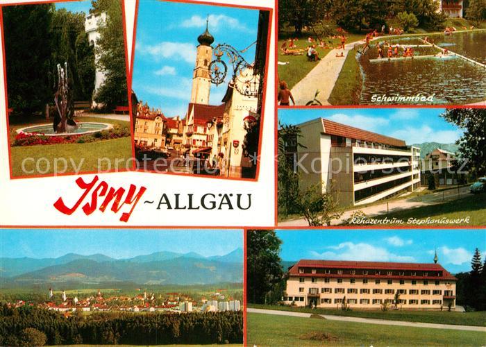 Isny Allgaeu Ortsmotiv mit Kirche Brunnen Schwimmbad Rehazentrum Stephanuswerk G
