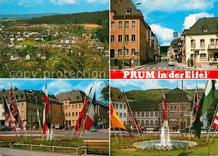 Pruem Eifel Panorama Waldstadt Springbrunnen Fahnen Innenstadt