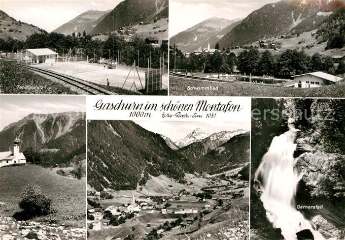 Gaschurn Vorarlberg Tennisplatz Kirche Panorama Schwimmbad Wasserfall