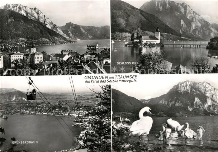 Gmunden Salzkammergut Blick ueber den Traunsee Schloss Ort Gruenbergbahn Schwaen