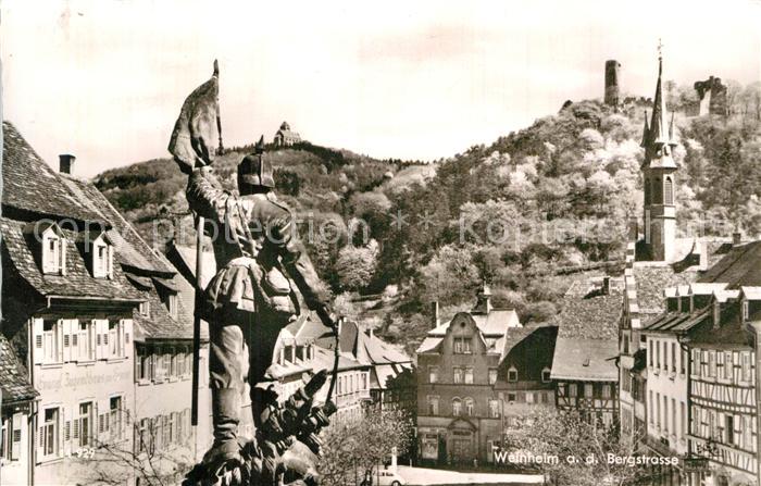 Weinheim Bergstrasse Ortsmotiv mit Kirche und Burgen Statue