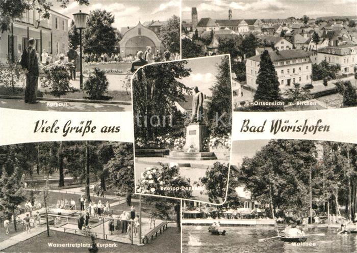 Bad Woerishofen Kurhaus Wassertretplatz Kurpark Ortsansicht mit Kirchen Waldsee