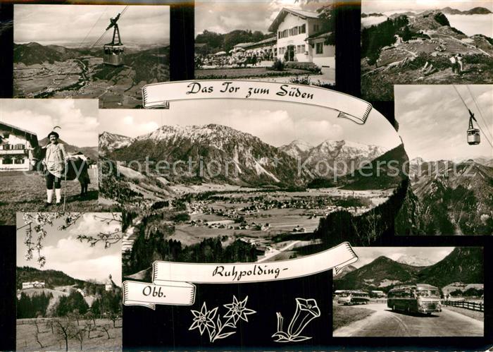 Ruhpolding Gesamtansicht mit Alpenpanorama Bergbahn Bergbauer Kuh Bus