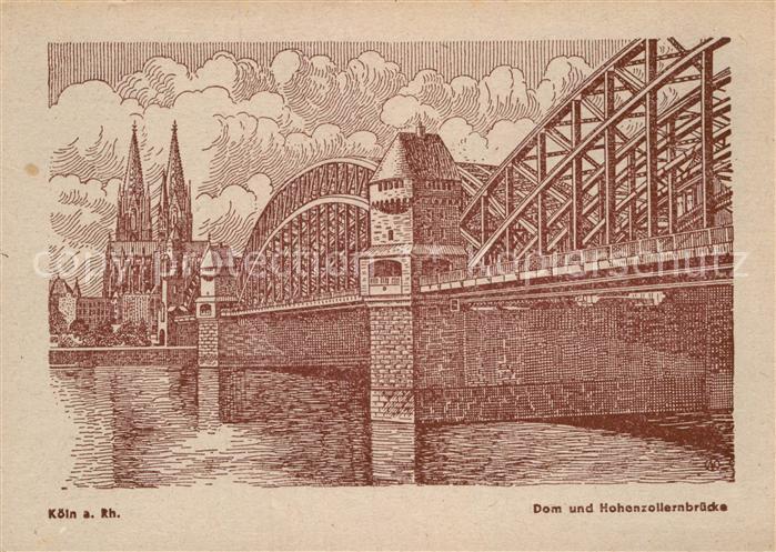Koeln Rhein Dom und Hohenzollernbruecke Zeichnung Kuenstlerkarte