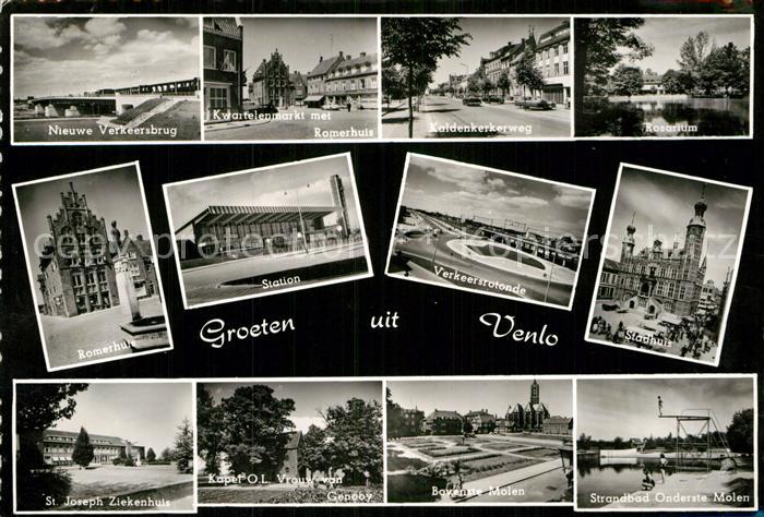 Venlo Brug Romerhuis Rosarium Stadthuis Verkeersrotonde Station Ziekenhuis Molen