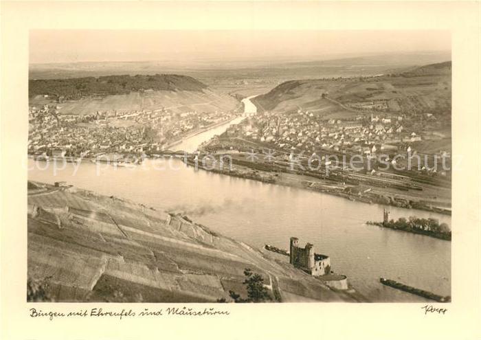 Bingen Rhein Panorama mit Ehrenfels und Maeuseturm Handabzug