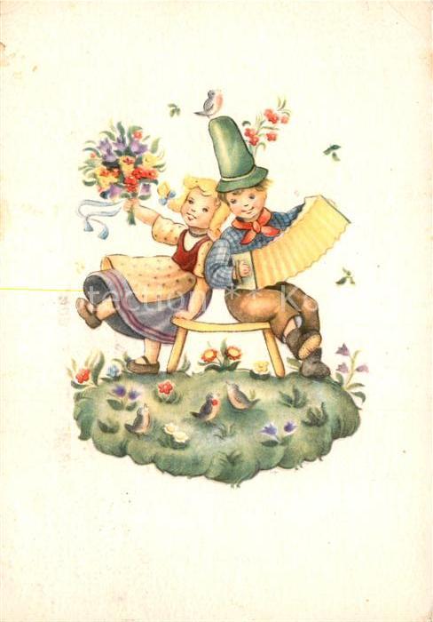 Kuenstlerkarte Flechsig Nr. 446 Kinder Blumen Handharmonika Voegel