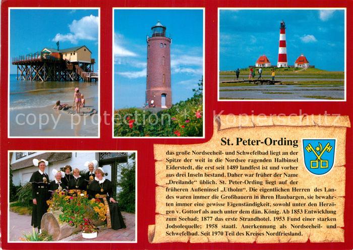 St Peter-Ording Seebruecke Alter und neuer Leuchtturm Trachtengruppe
