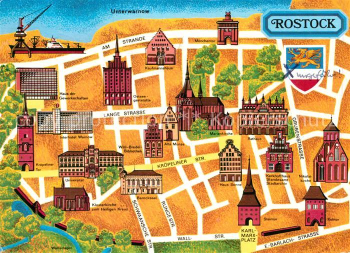 ROSTOCK  CITY Stadtplan mit Sehenswuerdigkeiten