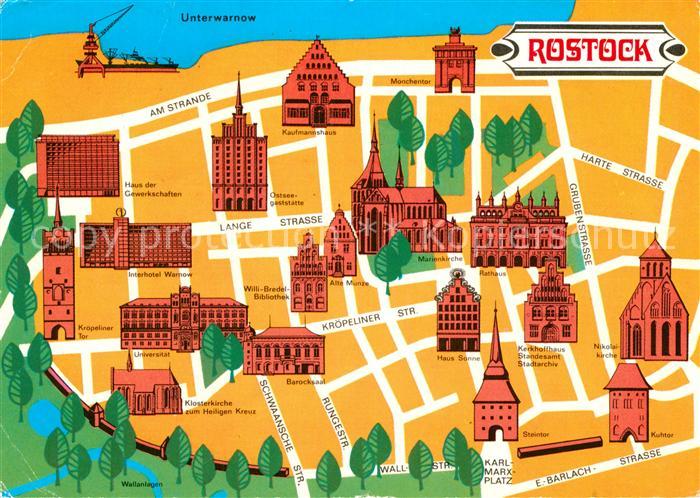 ROSTOCK  CITY Stadtplan mit Sehenswuerdigkeiten der Stadt
