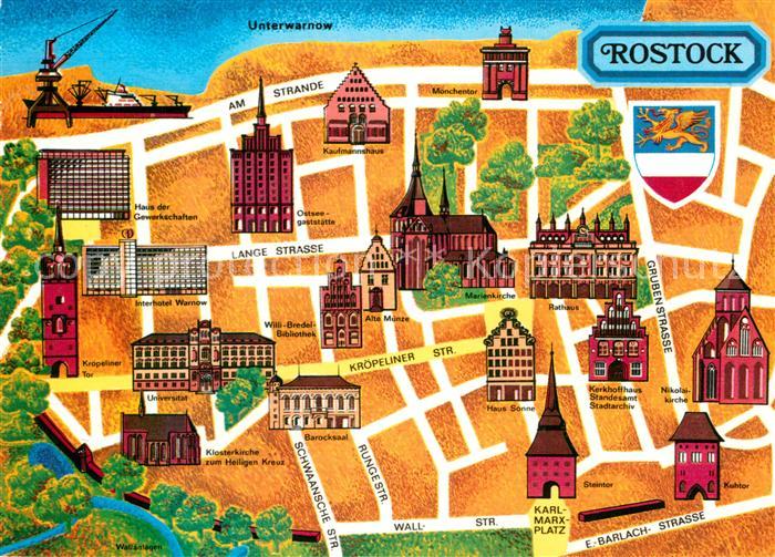 ROSTOCK  CITY Stadtplan mit Sehenswuerdigkeiten der Stadt