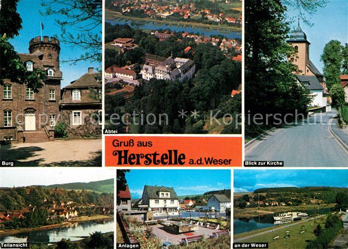 Herstelle Weser Burg Abtei Kirche Teilansicht Anlagen Weserpartie