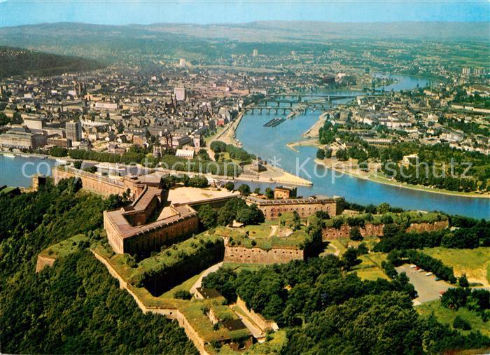 Koblenz Rhein Festung Ehrenbreitstein und Deutsches Eck Fliegeraufnahme