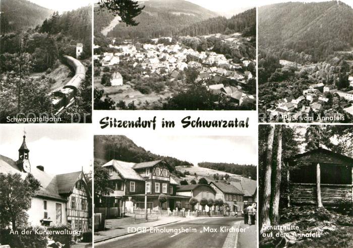 Sitzendorf Thueringen Schwarzatalbahn Kurverwaltung Blick vom Annafels Schutzhue