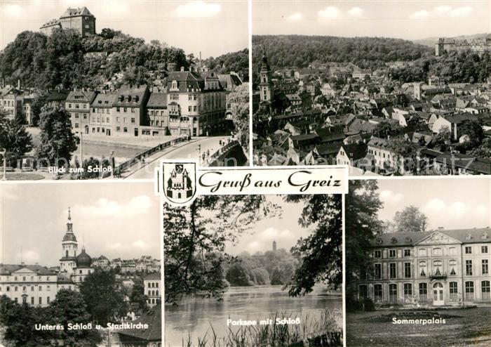 Greiz Thueringen Blick zum Schloss Stadtpanorama Stadtkirche Parksee Sommerpalai