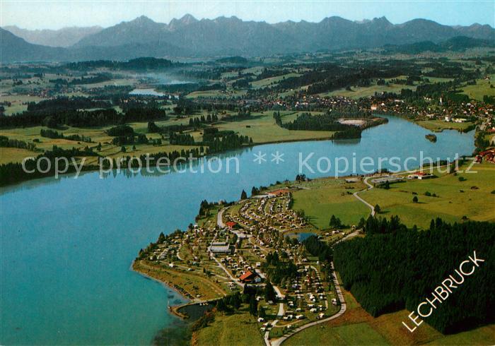 Lechbruck See Campingplatz Tiroler und Allgaeuer Hochgebirge Fliegeraufnahme