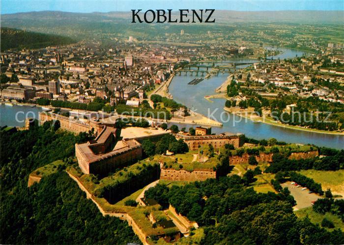 Koblenz Rhein Festung Ehrenbreitstein und Deutsches Eck Fliegeraufnahme