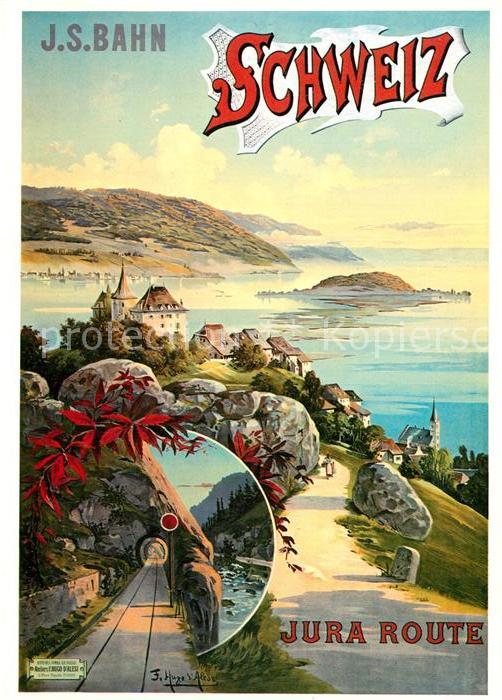 Eisenbahn Jura-Simplon-Bahn Plakat 1895 F. Hugo d Alesi Jura Route