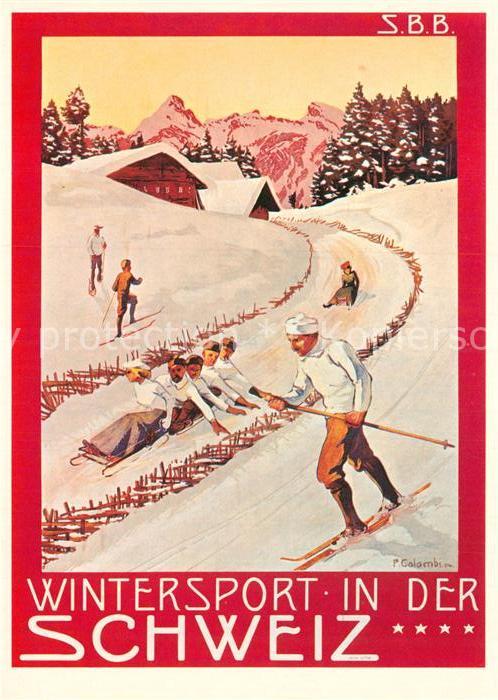 Schlitten Schnee Skifahren Plakat SBB-CFF 1904 P. Colombi
