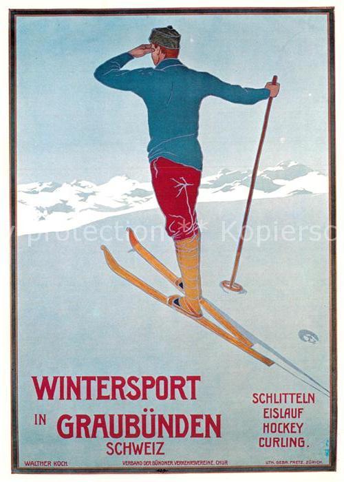 Skifahren Plakat Verband Buendner Verkehrsvereine Chur 1907 Walter Koch