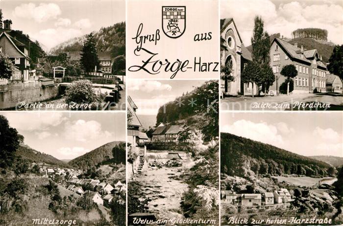 Zorge Partie an der Zorge Wehr Glockenturm Pferdchen Hohe Harzstrasse