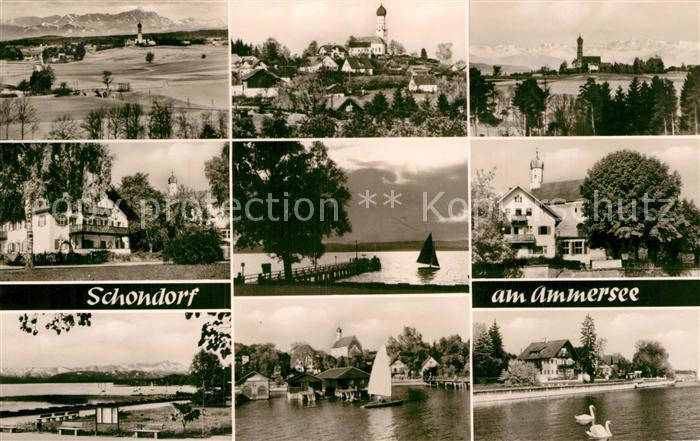 Schondorf Ammersee Teilansichten Kirche Hotel Bootssteg Segeln Schwaene Alpenbli
