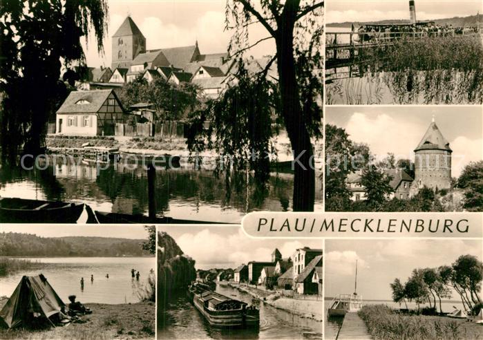 Plau See Partie an der Elde Blick zur Kirche Steg Plauer See Camping Turm