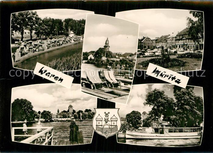 Waren Mueritz Partie an der Mueritz Steg Ausflugsdampfer Kirche Ortsmotiv