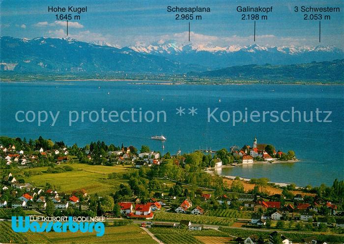 Wasserburg Bodensee Fliegeraufnahme Partie am See mit Alpen