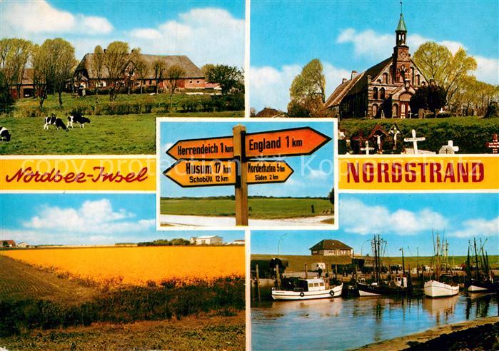 Nordstrand Landschaftspanorama Nordseeinsel Bauernhof Kirche Hafen Fischkutter W