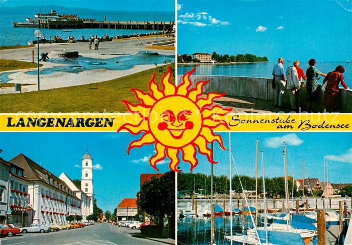 Langenargen Bodensee Uferpromenade Strassenpartie Kirche Seglerhafen Sonne