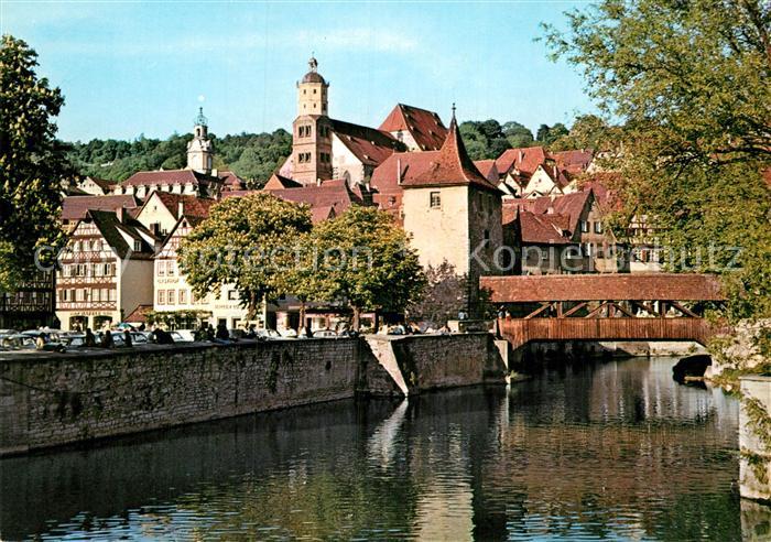 Schwaebisch Hall Partie an der Kocher Holzbruecke Altstadt Kirche