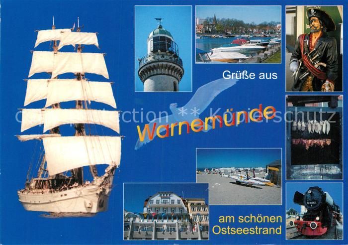 Warnemuende Ostseebad Segelschiff Leuchtturm Strand Hotel Dampflokomotive Fischr
