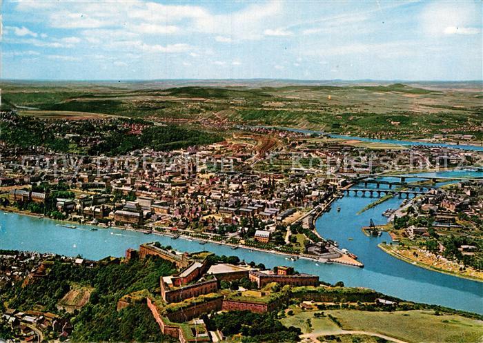 Koblenz Rhein Festung Ehrenbreitstein Moselmuendung Deutsches Eck Fliegeraufnahm