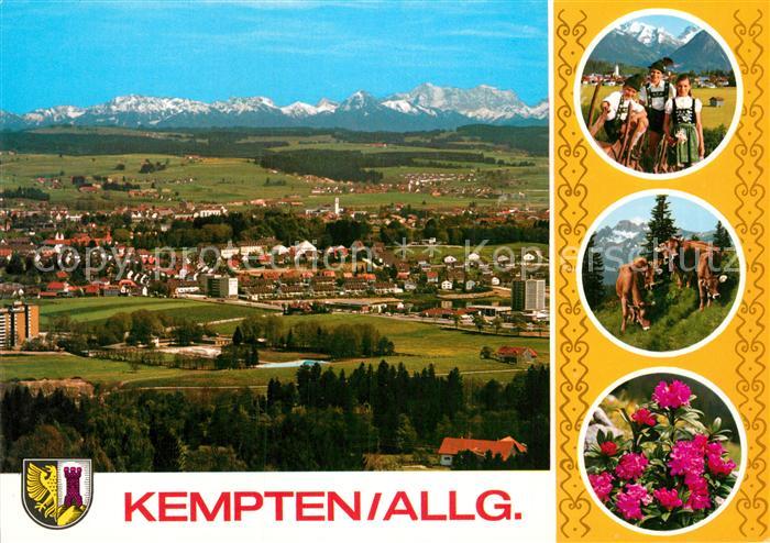 Kempten Allgaeu Blick vom Mariaberg auf Saeuling und Zugspitze Kuehe Tracht