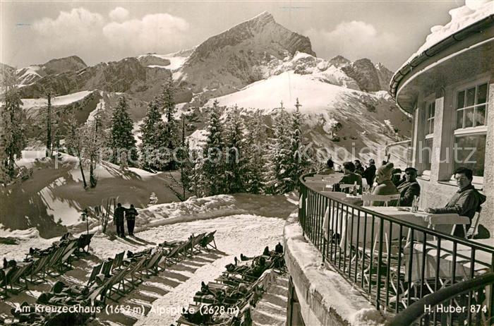Kreuzeckhaus Bergrestaurant Terrasse mit Alpspitze Huber Karte Nr 874