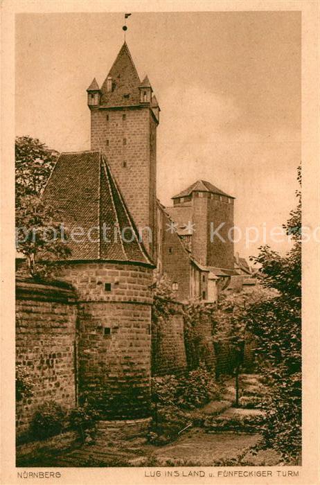 Nuernberg Lug ins Land und Fuenfeckiger Turm Kupfertiefdruck